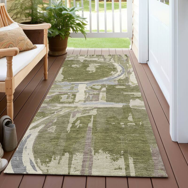 Machine Washable Indoor/ Outdoor Chantille Contemporary Abstract Rug - Olive - 2'3" x 7'6"