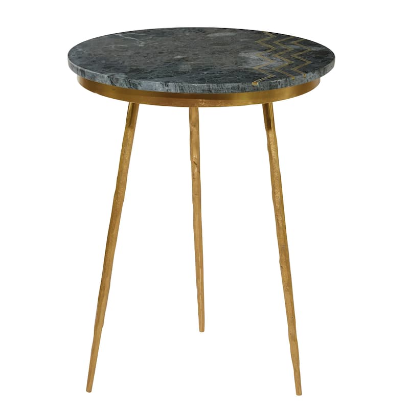 Marble Accent Table with Gold Metal Tripod Legs and Zig-Zag Detail - Green - Roche River Decor - Green