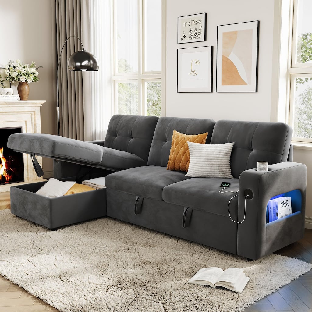 84 Inch Sleeper Sofa Couch, L-Shaped Sofa, Convertible Pull Out Sofa Bed with Storage, Charging Station, Led Lights