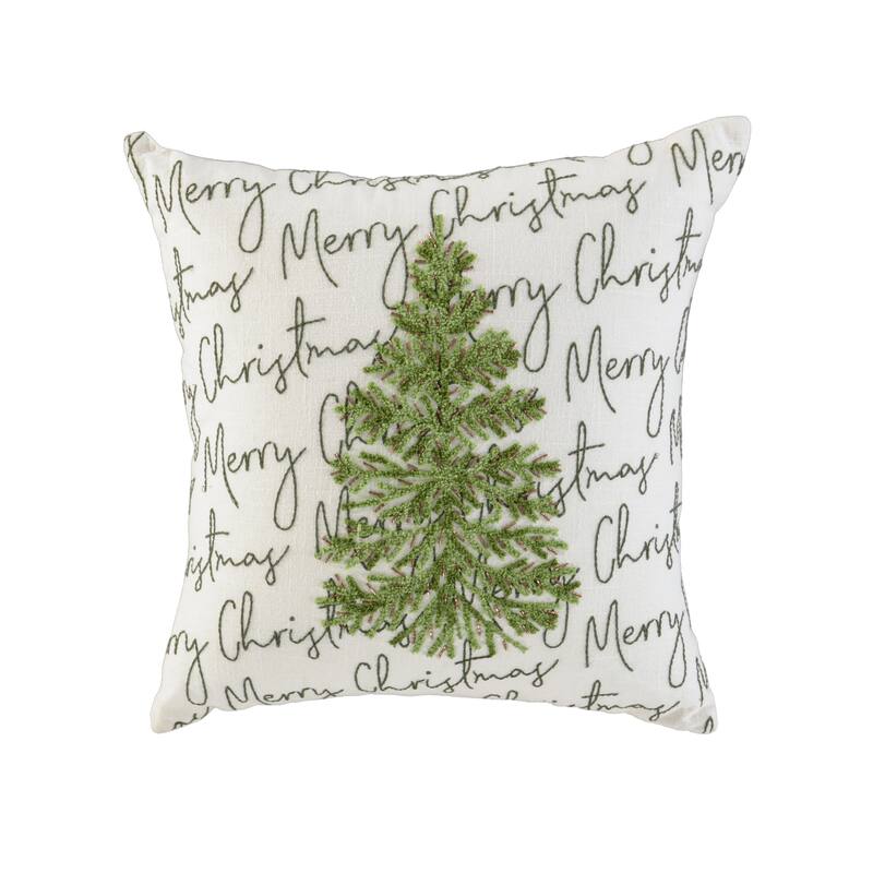 18" White And Green Cotton Merry Christmas Throw Pillow With Embroidery