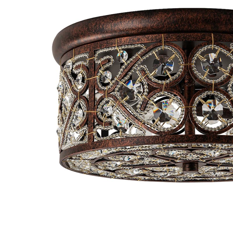 Spanish Vintage Crystal Bronze Drum Flush Mount Light - 13.8in