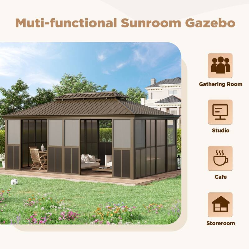 Hardtop Gazebo with Double Steel Roof, Sliding/Lockable Doors & Screens - All-Season Rustproof Aluminum Frame，Advanced Drainage