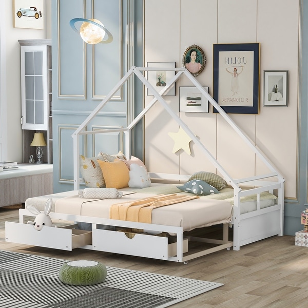 Twin King Wooden House Extending Daybed with Two Drawers Pine