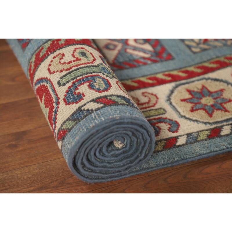 Blue Geometric Kazak Runner Rug Hand-Knotted Traditional Wool Carpet - 3'4" x 16'4"