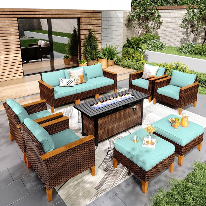 8-Piece Patio Outdoor Wicker Sectional Sofa Set, Large Seating Furniture Conversation Sets with Fire Pit Table - 9-Seat - Type O