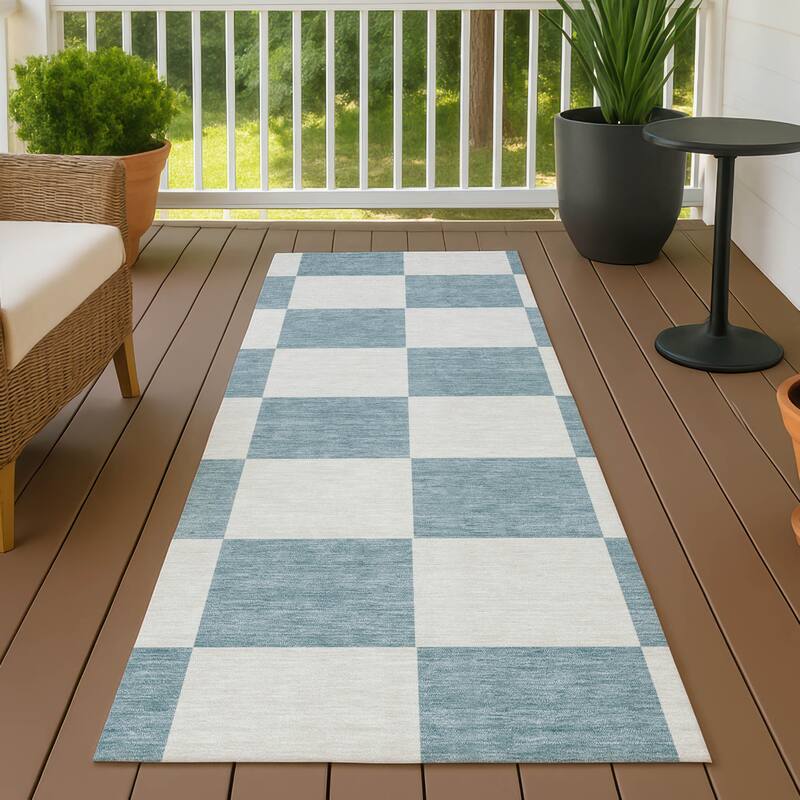 Machine Washable Indoor/ Outdoor Modern Checker Chantille Rug - Teal - 2'3" x 7'6"