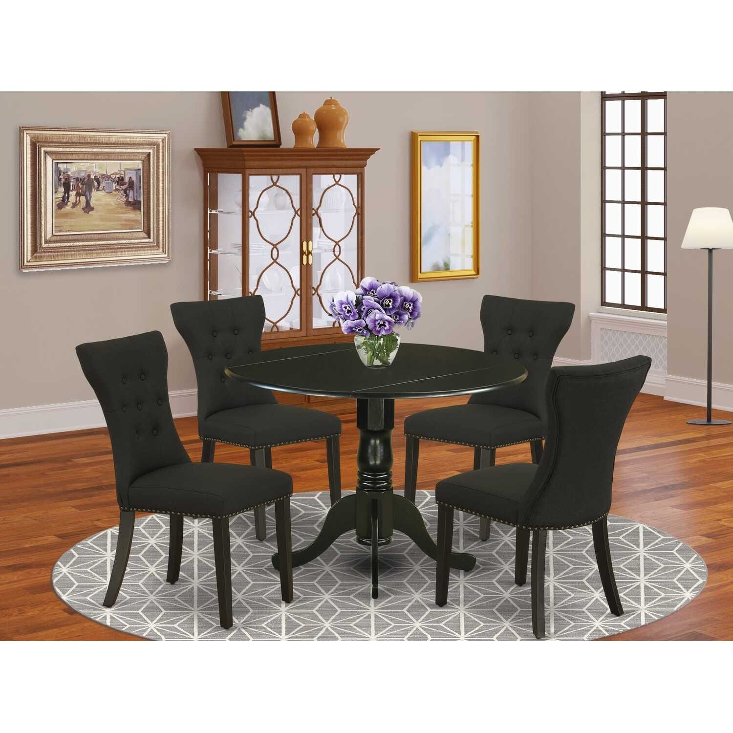 HomeStock 5-Piece Round Black Finish Solid Wood Top Dining Table with 4 Parson Chair