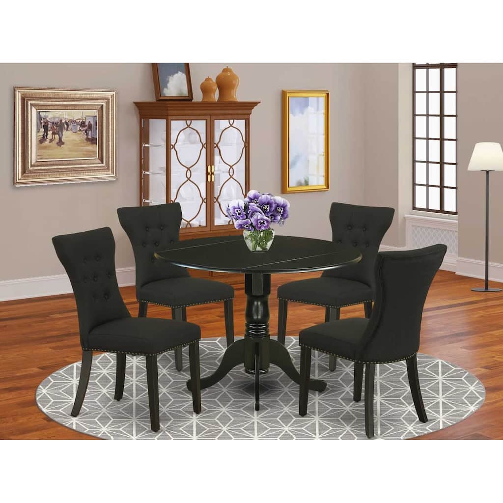 HomeStock 5-Piece Round Black Finish Solid Wood Top Dining Table with 4 Parson Chair with Lattice Back