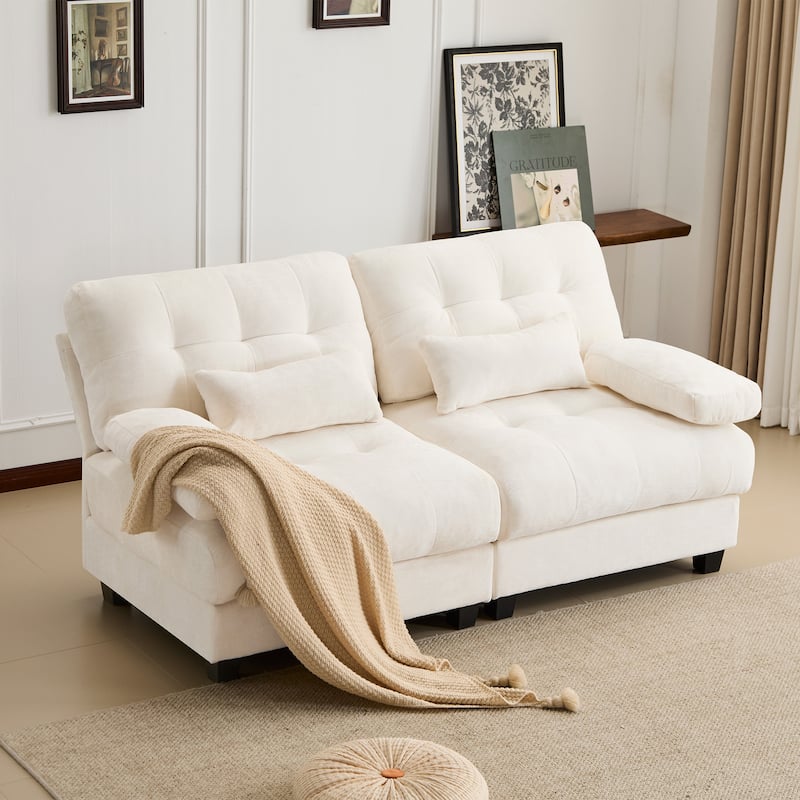 Loveseat Beige 2-Seater Sofa Couch with 2 Pillows, 4-Position Reclining Sleeper Sofa Couch with Adjustable Backrest