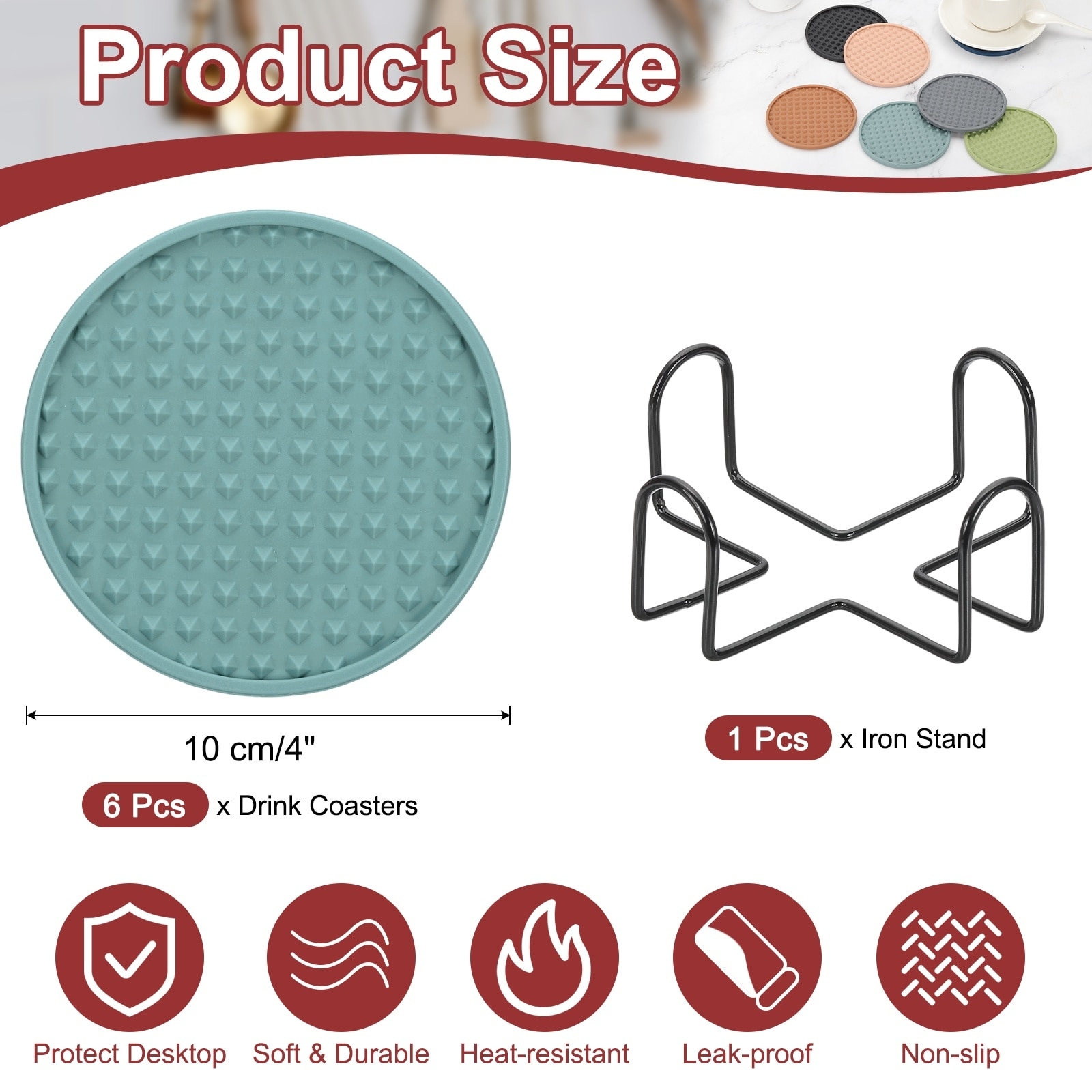 Round Drink Coasters with Holder, Silicone Coaster for Drinks Non-Slip Cup Coaster Heat Resistant Glass Cushion