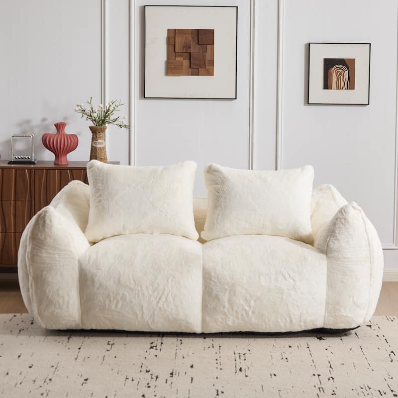 Fabric Upholstered Oversized Chase Lounge Loveseat Bean Bag Lazy Sofa with 2 Pillows - White