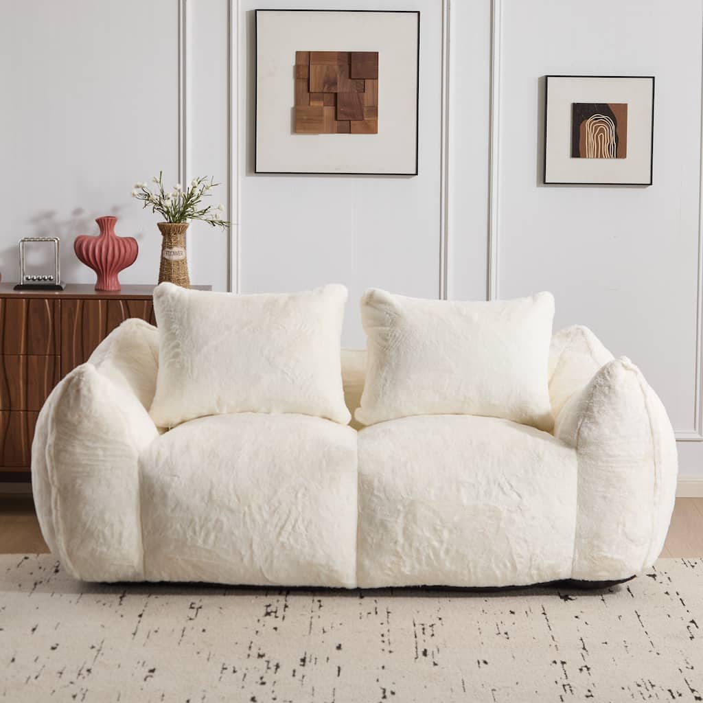 Simple Bean Bag Couch White Loveseat Sofa Couch with 2 Pillows, Lounge Sofa Couch for Living Room Bedroom