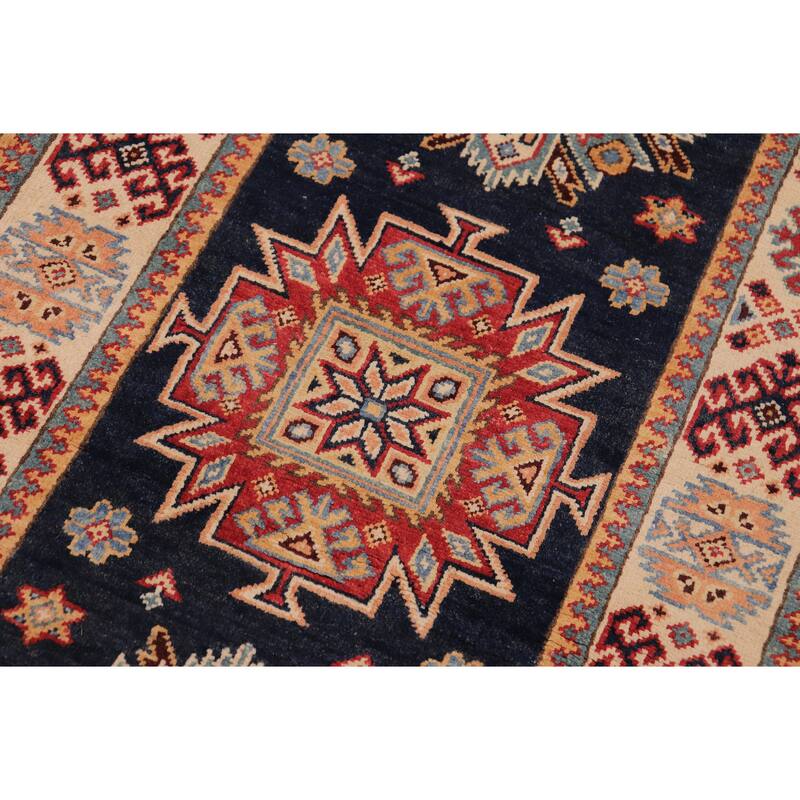 Southwestern Kazak Avery Blue/Beige Wool Runner - 2'8'' x 7'9''