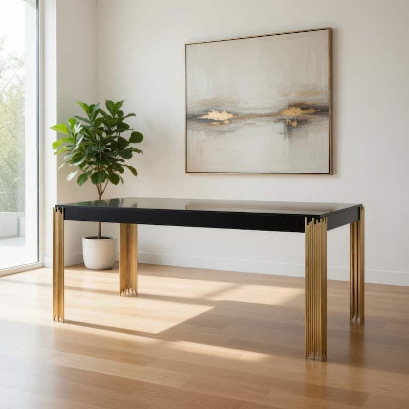 Theo Dining Table, Gold Metal Legs, Retro Black Wood Frame, 72 Inch