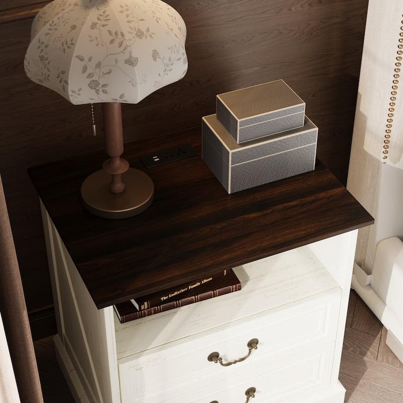 Farmhouse Nightstand with 2 Drawers, Open Shelf & Power Port, Rustic Bedside Table, Antique Brass Handles, White/Grey