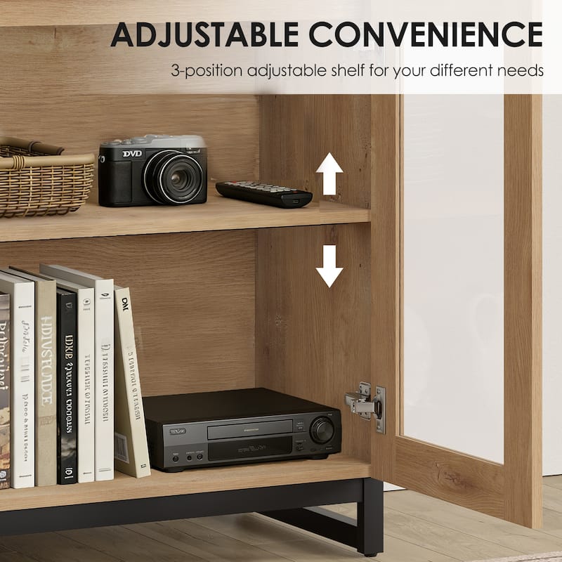 Modern 4-in-1 TV Stand for 120" TVs, Console with Glass Doors & 2 Drawers, Adjustable Shelf