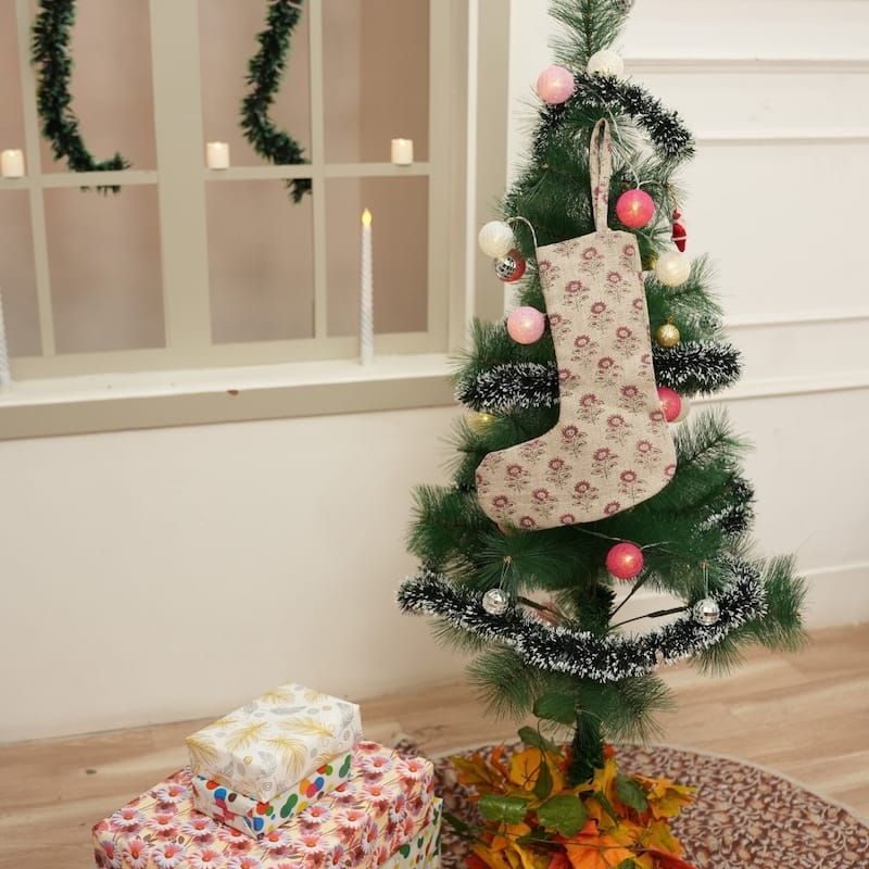 Fabdivine Hand Block Floral Print Christmas Knit Stockings, Home Decorative Gift Use - 16"X6.5"