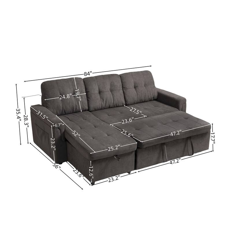 Upholstered Sleeper Sofa, L Shaped Sectional Couch with Reversible Storage, Convertible Corner Lounge Couches Pull Out Sofa bed