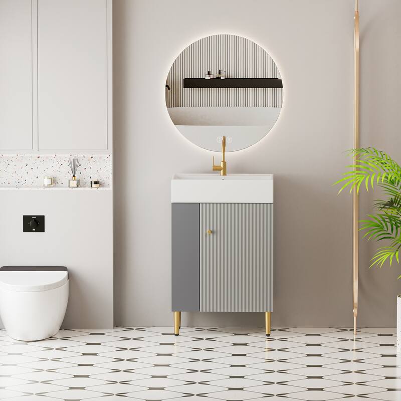 Small Bathroom Vanity with Sink, Narrow Depth Bathroom Vanities, Bathroom Cabinet with Open Side Shelves & Soft Closing Door