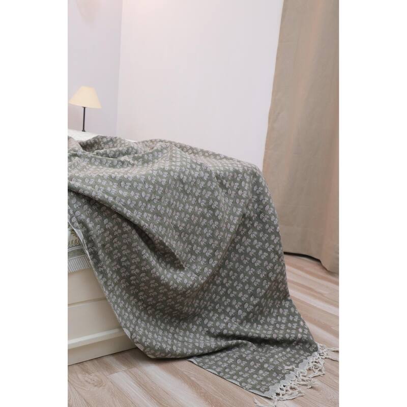 Fabdivine Damaru Handcrafted Cotton Blanket - Hand Block Printed Sofa & Bed Throw, Home Textile with Hand-Tied Tassels, 90"x54"