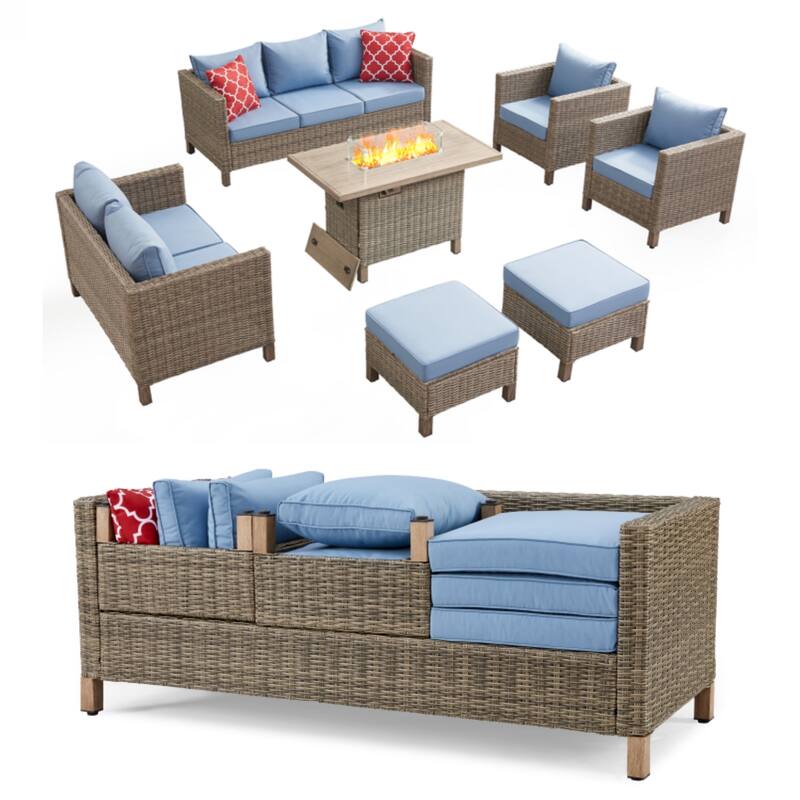 9 - Person Outdoor Wicker Patio Conversation Furniture Set With Fire Pit Table