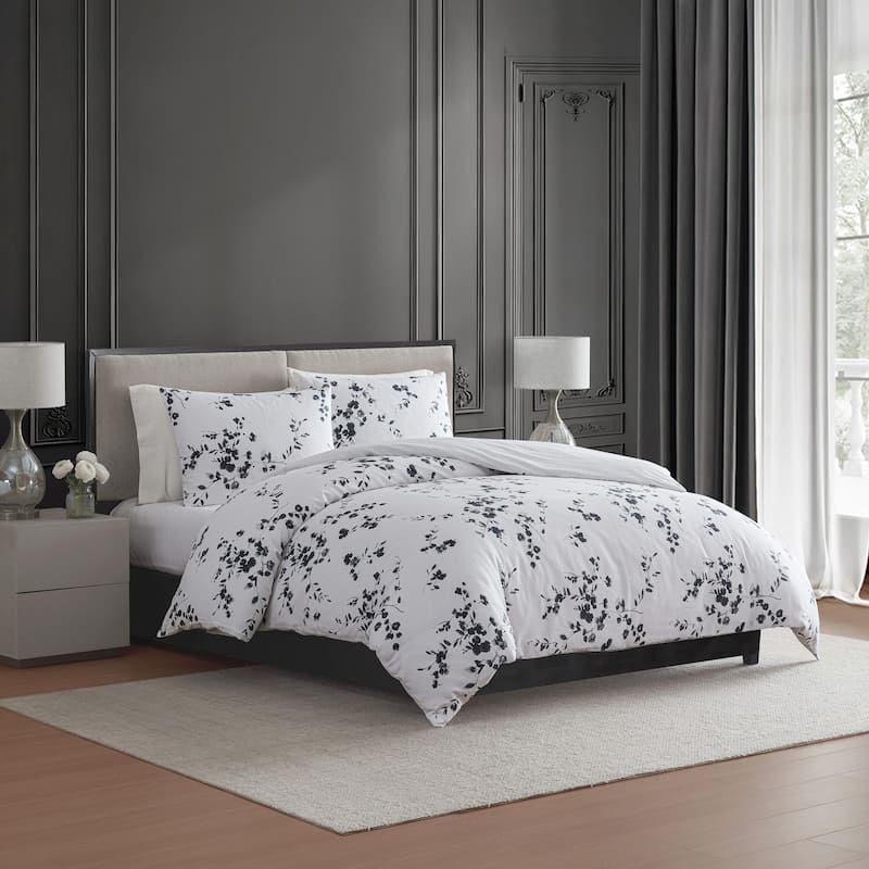 Vera Wang Noir Bouquet Botanical Print Cotton Sateen Duvet Cover Set (Grey, 3 Piece)