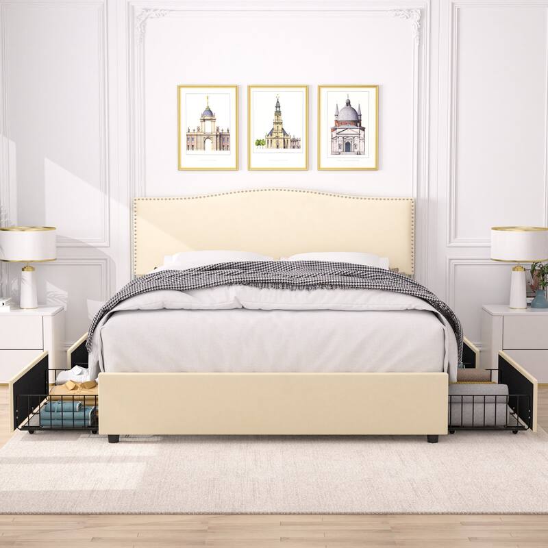 VECELO Upholstered Bed Frame with 4 Storage Drawers Full Queen Heavy Duty Platform with Adjustable Linen Headboard - Beige - Queen