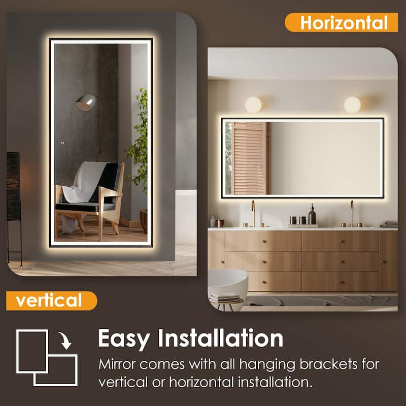 Apollo Rectangular Anti-Fog Dimmable Modern Bathroom/Vanity LED Lighted Wall Mirror in Matte Black Aluminum Framed