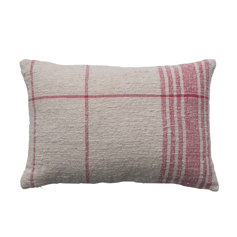 Woven Cotton Slub Lumbar Pillow with Grid Pattern - 24.0"L x 16.0"W x 0.3"H