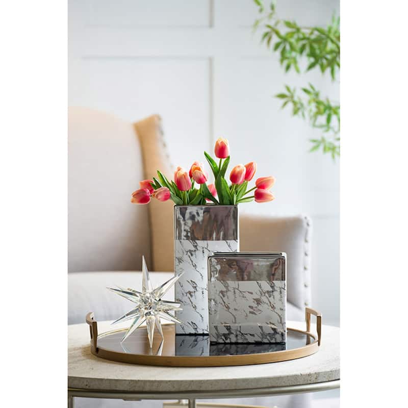 Tall Ceramic Vase - 11.5" - Silver and White