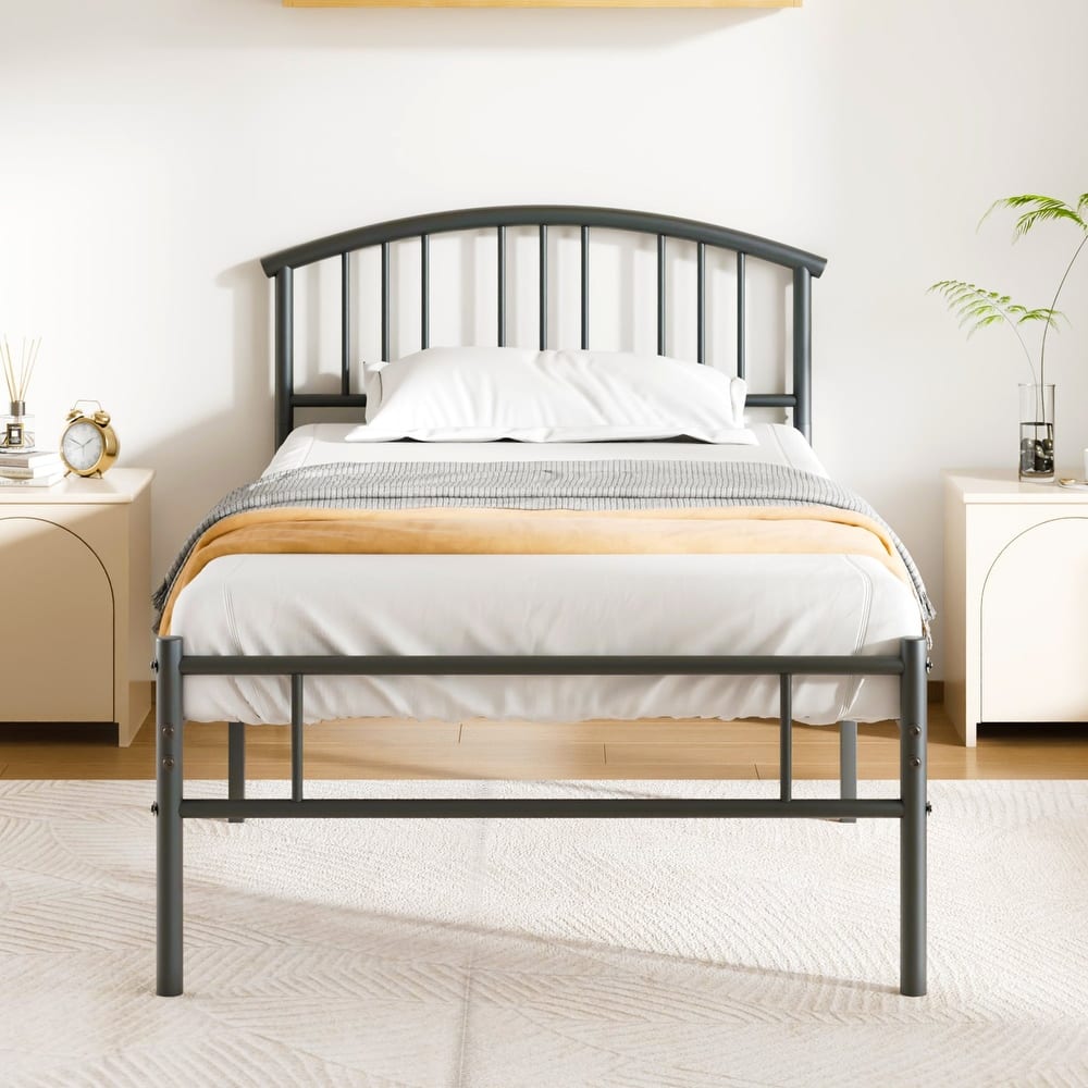 VECELO Metal Platform Bed Frame with Curved Slatted Headboard No Box Spring Needed Heavy Duty Bed for Adults Kids