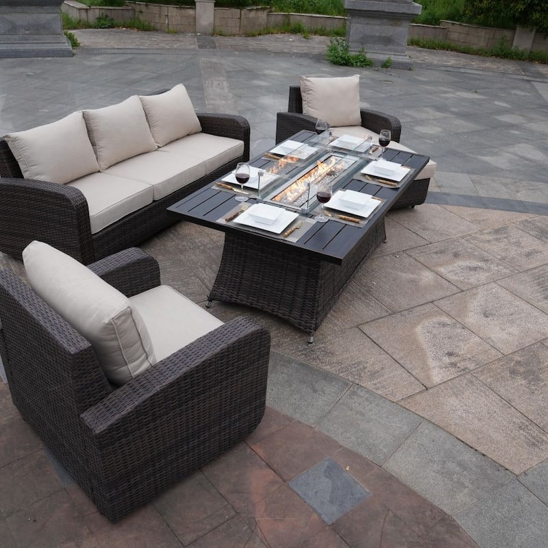 5-Piece Outdoor Wicker Sofa Set with Aluminum Firepit Table