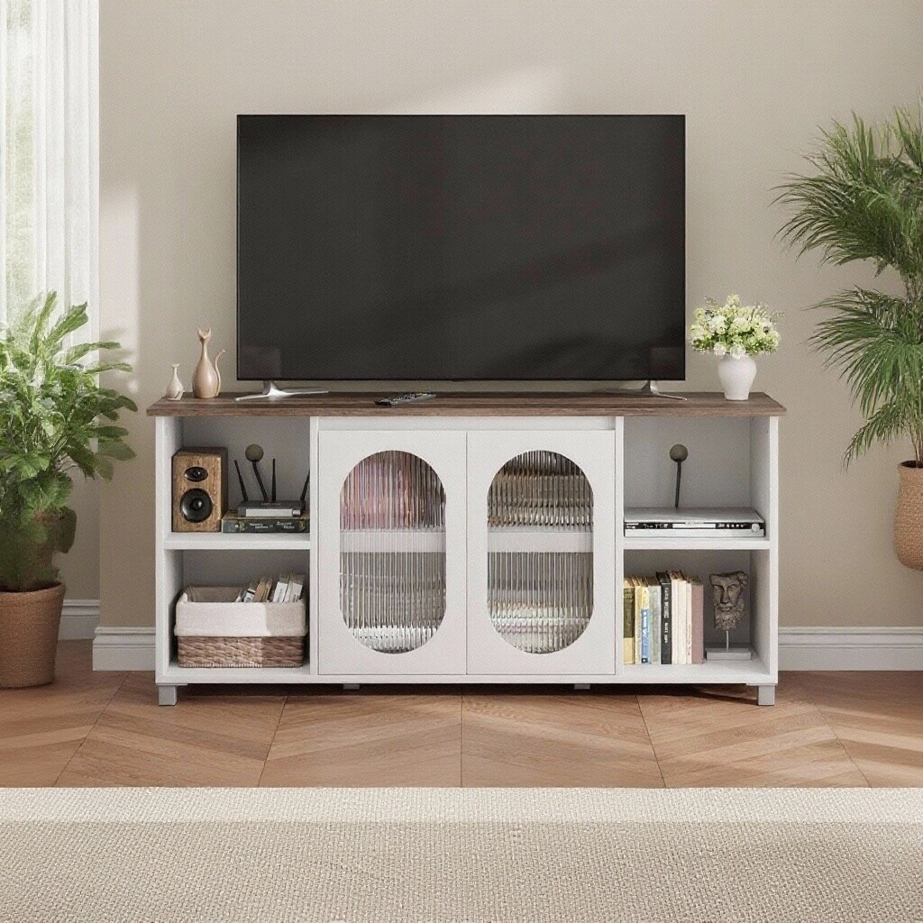 63" Modern TV Stand, with Fluted Glass & 3 Open Shelves