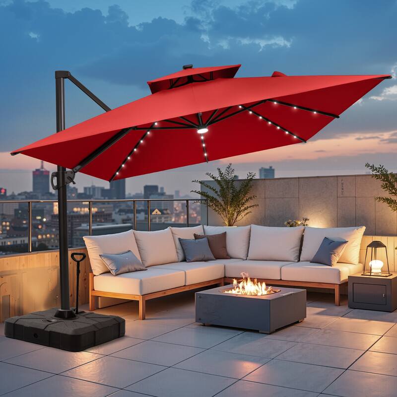 10 X 13 FT Outdoor Patio Cantilever Umbrella with Solar Lights Rod Wheel Base Double Canopy 360 Rotation Tilt - Red