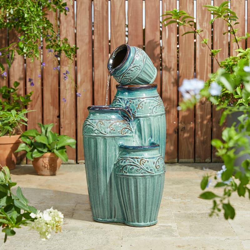 Glitzhome 27"H/35"H 4-Tier Embossed Pattern LED Ceramic Pots Fountain - Green - 27"H