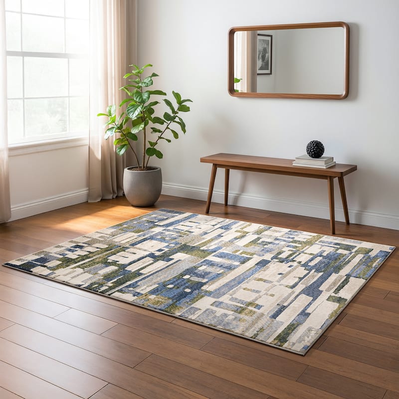 Tobias Modern Geometric Blue/ Green Area Rug - 3' 9" x 5' 2" - Rectangle