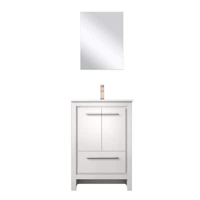 24 in. White Vanity with Quartz Top, Rose Gold Faucet, and 18 in. Mirror - Bathroom Storage Cabinet with Soft-Close Doors