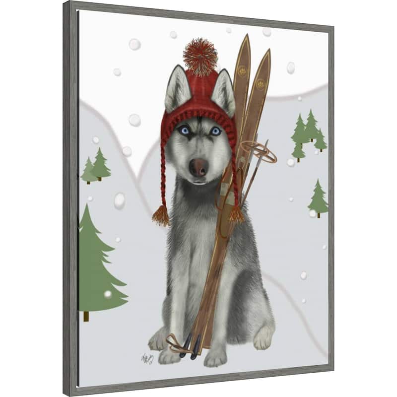 Husky Skiing by Fab Funky (23 x 28 in.), Framed Canvas Wall Art Print - Sylvie Greywash