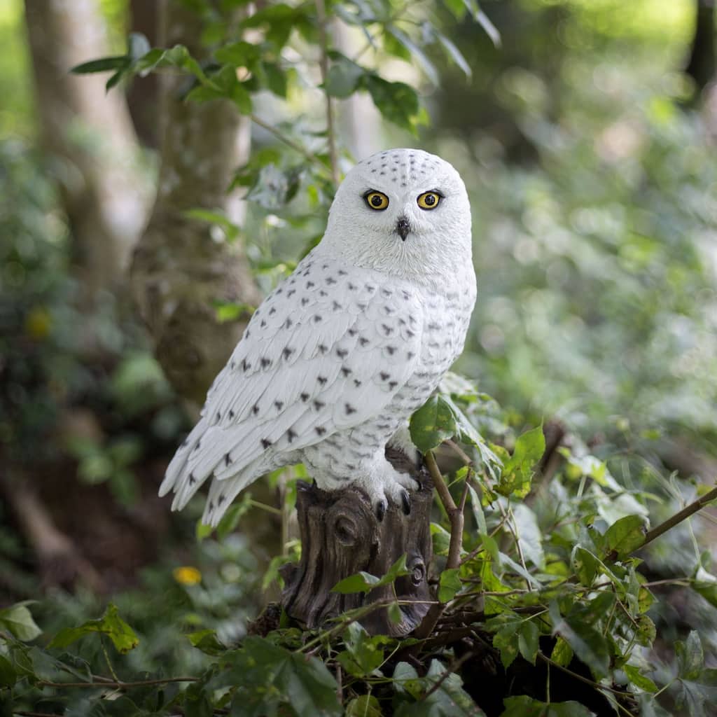 Snowy Owl Standing on Branch Outdoor Garden Statue - 13.75"