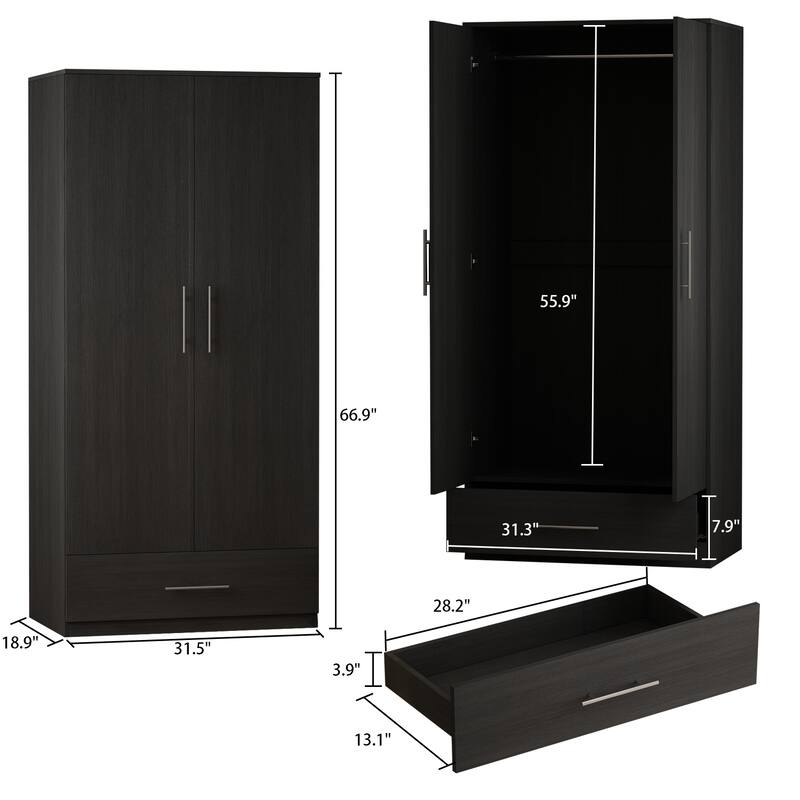 31.5" Freestanding Wardrobe Closet with Drawer, 2 Door Armoire with Hanging Rod, Modern Bedroom Storage Cabinet, Black/White - Black