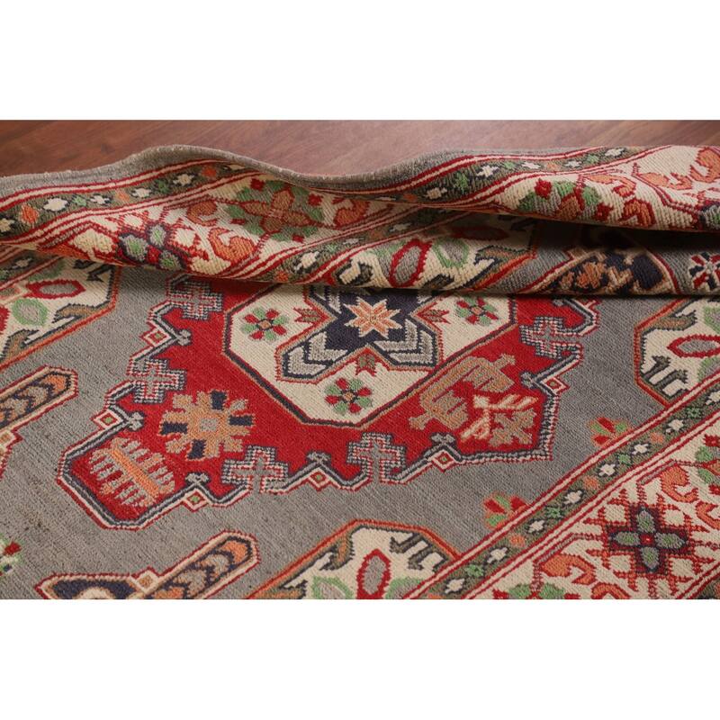 Gray Geometric Kazak Oriental Accent Rug Handmade Wool Carpet - 3'4"x 4'10"