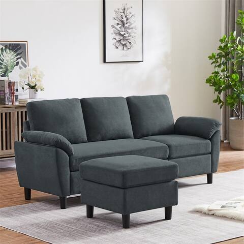 Linen Upholstered Sectional Sofa With Ottoman L-Shapped Sofa Couch For Living Room