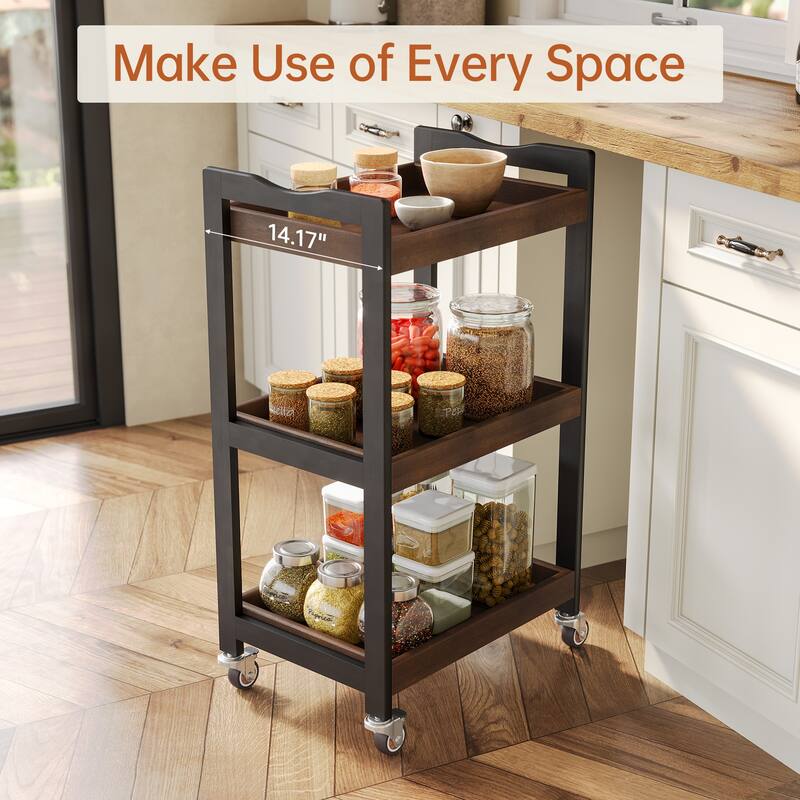 3-Tier Solid Wood Utility Cart on Wheels