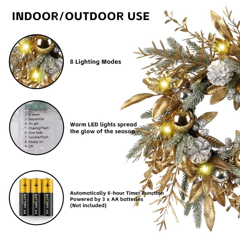 GDFStudio - Amelia LED Christmas Wreath with 8 Lighting Modes for Holiday Décor - 20 Inch