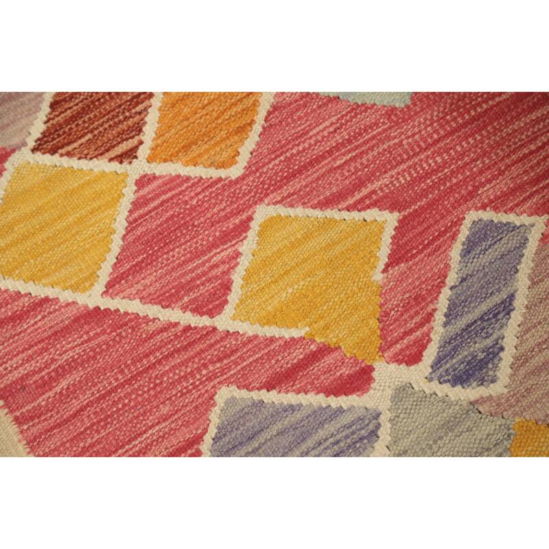 Hand Woven Oriental 100% Wool Carpet Southwestern Modern Pink Kilim Runner Rug - 8' 3'' X 2' 0''