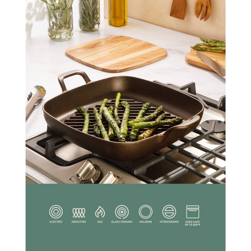 Bloomhouse Natural Bronze Finish Pre-seasoned Cast Iron Grill, Everyday Pan, Skillet & Olive Wood Trivet