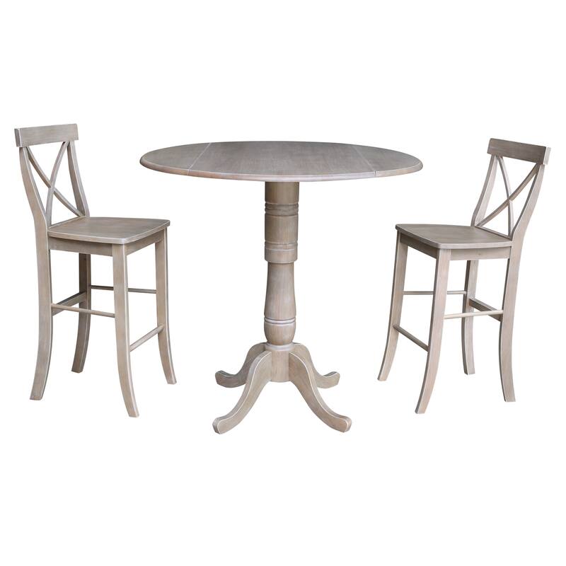 42 in. Round Dual Drop Leaf Bar Height Dining Table with 2 X-back Stools - 3 Piece Set - Washed Gray Taupe