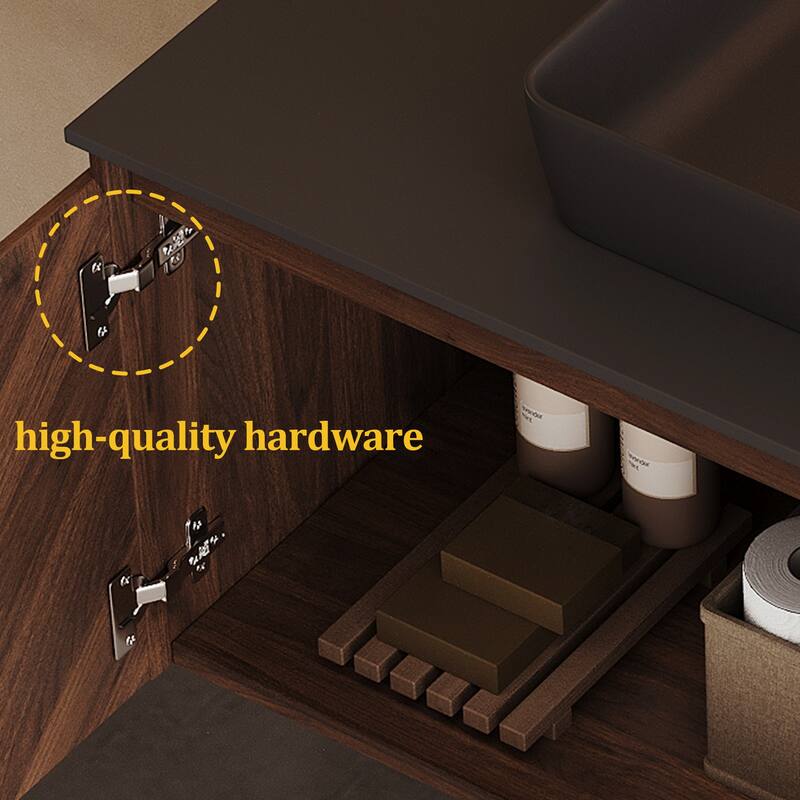 35.83'' Single Bathroom Vanity with Stone Top, Brown Wood, Black Vessel, Floading Vanities