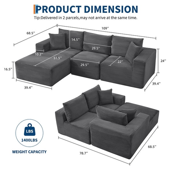 dimension image slide 2 of 8, 109'' Corduroy Modular Sectional Sofa with Chaise