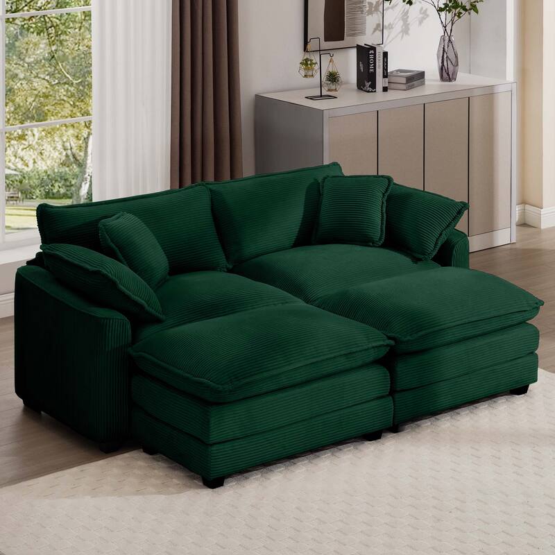 2-Seater Corduroy Upholstered Sofa Set with 2 Ottoman and Removable Armrests for Livingroom